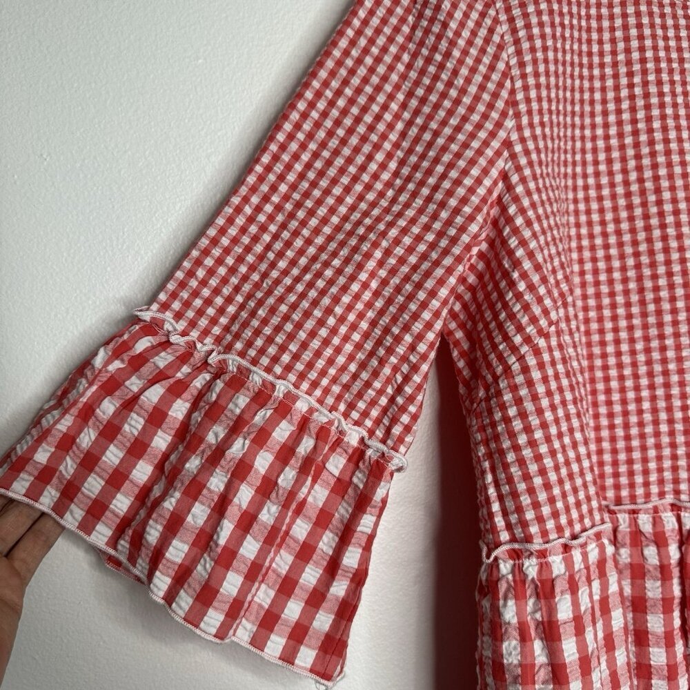 Ali Miles Gingham Ruffle Top Size L Petite Coral White - Picture 3 of 9